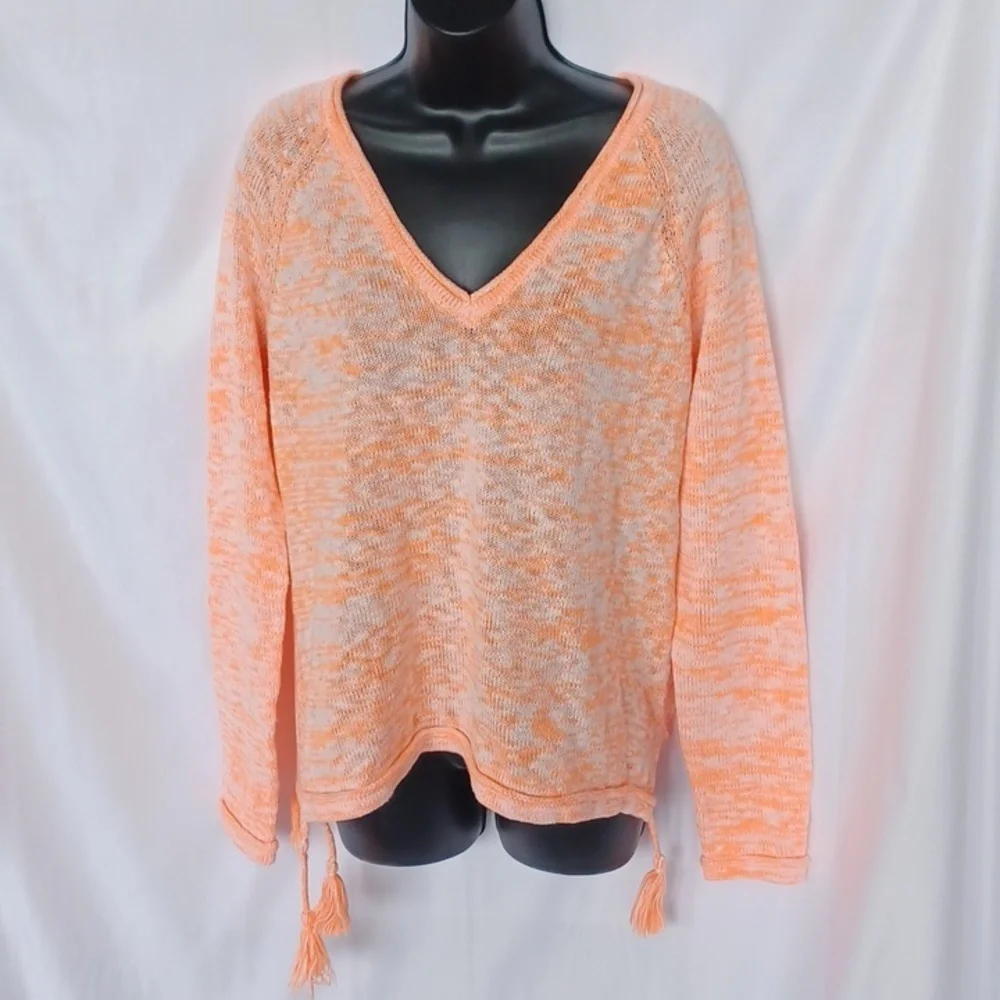 LILLY PULITZER JODY V-NECK SWEATER Orange/white, tassels, M, rolled hem